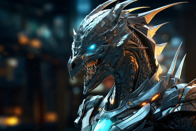 Een draak die een futuristisch cybernetisch gevechtspantser draagt Dramatische verlichting Portret Realistische reflecties achtergrondverlichting