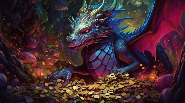Een draak die schat in zijn hol verzamelt Fantasieconcept Illustratie schilderij Generatieve Ai