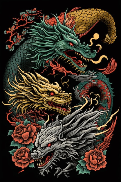 Een draak en twee andere draken met een bloem op de rug