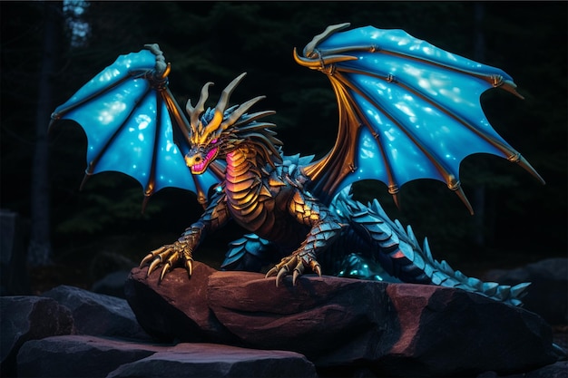 Een draak met blauwe en gouden vleugels zit op een rots.