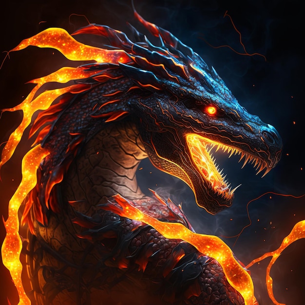 Een draak met een blauw gezicht en vlammen op zijn kop