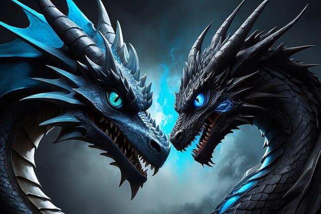 Een draak met een blauw oog en een zwarte draak aan de linkerkant