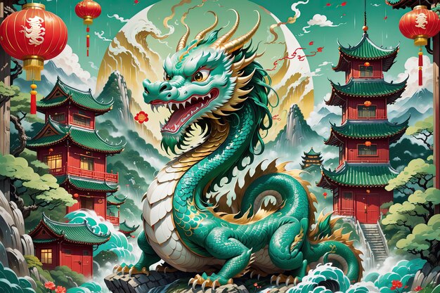 een draak met een Chinese vlag en een pagode