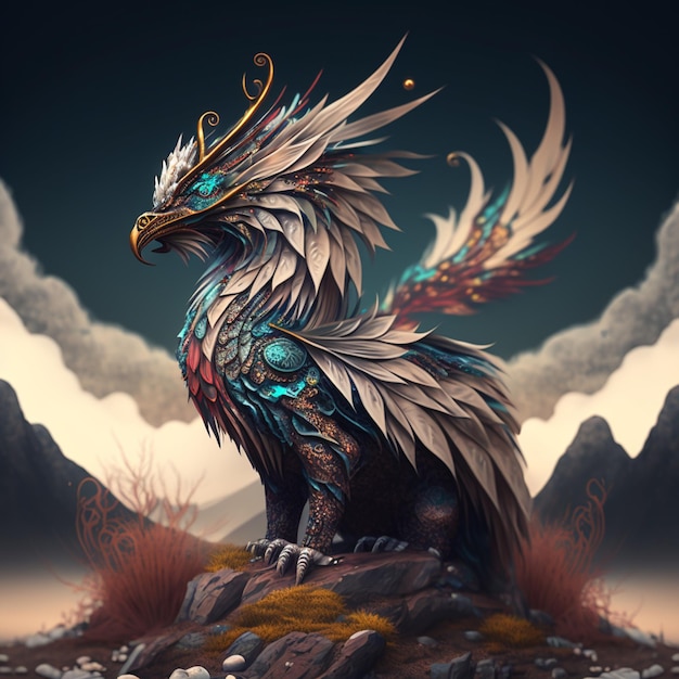 Een draak met een gevederde kop en vleugels staat op een rots.