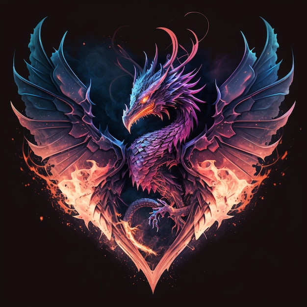 Een draak met een hart erop waarop 'vuur' staat