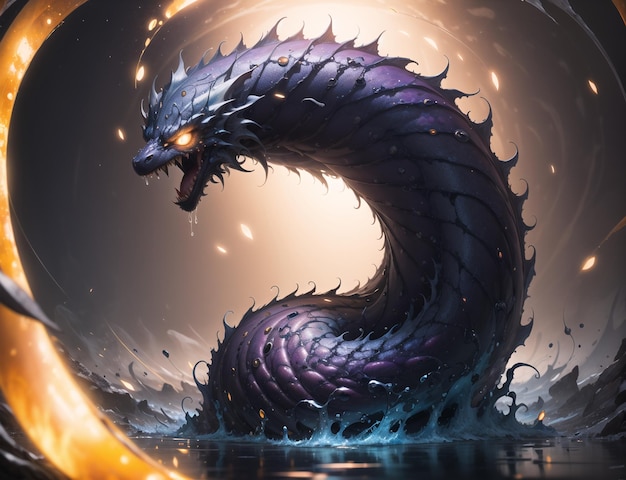Een draak met een paars gezicht ligt in het water.