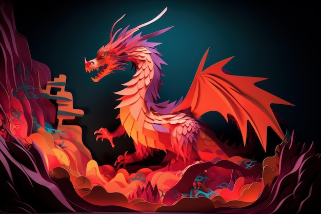 Een draak met een rode staart en een blauwe staart staat op een donkere achtergrond.