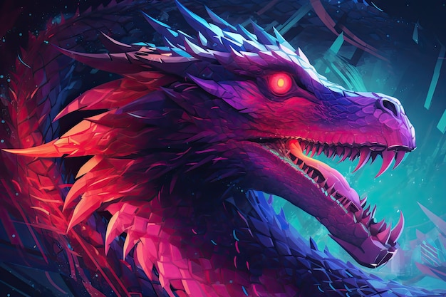 Een draak met een rood oog en een paarse achtergrond