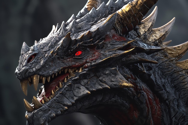 Een draak met een rood oog en een zwarte kop met een rood oog.