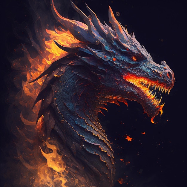 Een draak met een vuur op zijn gezicht op een donkere achtergrond Mythologie schepsel portret