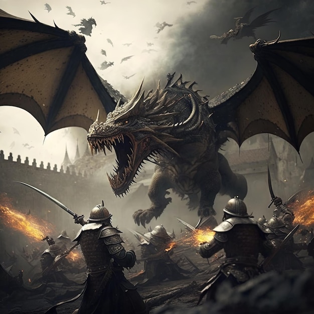 een draak met een zwaard in zijn hand wordt omringd door draken.