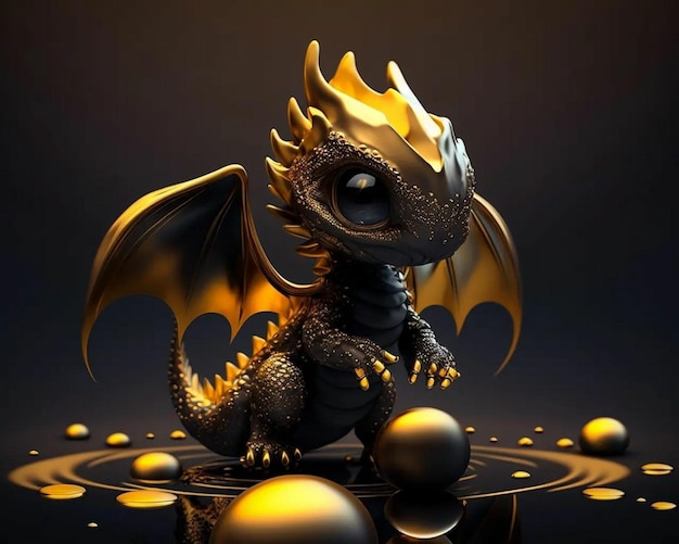 Een draak met gouden vleugels staat op een zwarte ondergrond.