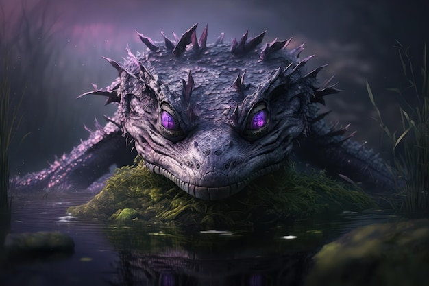 Een draak met paarse ogen kijkt uit over een meer.