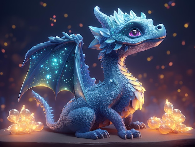 Een draak met paarse ogen zit op een richel met lichtjes op de achtergrond.