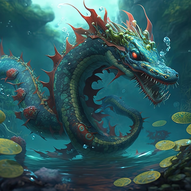 Een draak met rode ogen en een groene kop wordt omringd door gouden munten.