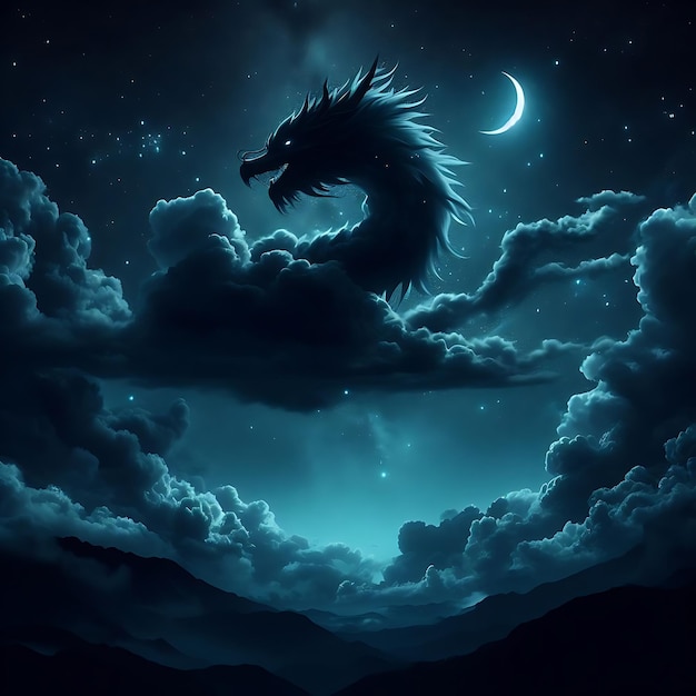 een draak vliegt in de nachtelijke hemel met de maan op de achtergrond