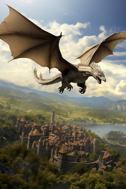 Foto een draak vliegt over een oude vestingstad in een weelderige vallei.