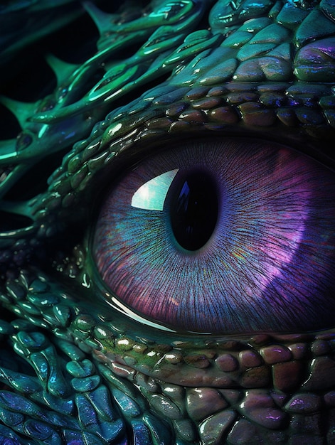 Een drakenoog met paarse en groene kleuren.