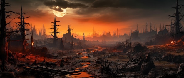 Een dramatisch dystopisch landschap bij zonsondergang met silhouetten van vernietigde bomen en ruïnes met een grote opkomende maan op de achtergrond