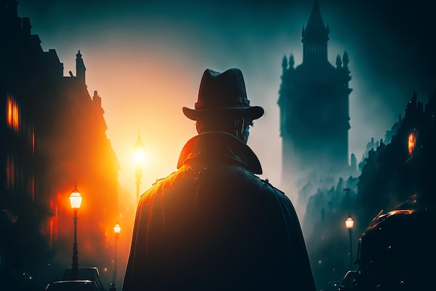 Een dramatisch shot van Sherlock Holmes gekleed in zijn iconische hertenjagerhoed en jas