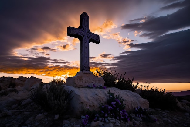 een dramatische achtergrond voor het heilige kruis bovenop de Golgotha-heuvel, dat de dood en wederopstanding symboliseert
