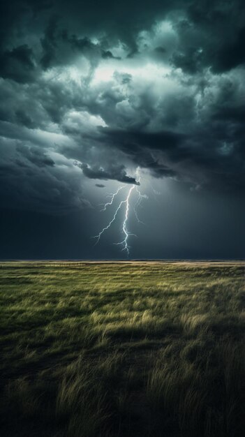 Een dramatische bliksem die een uitgestrekt veld verlicht