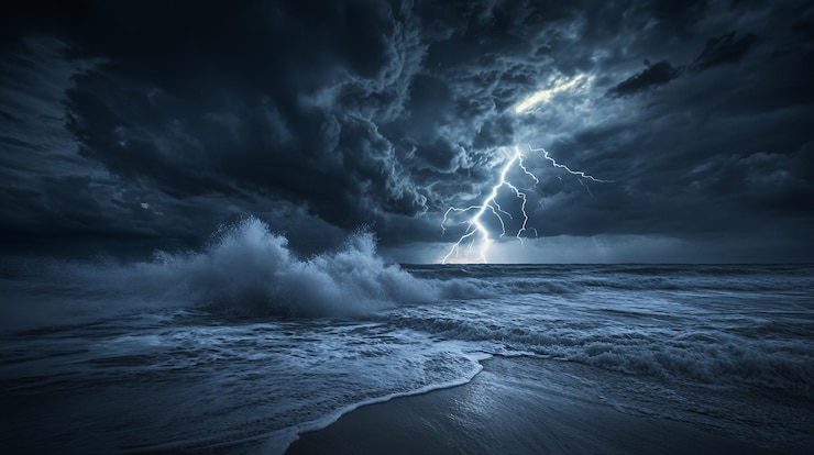 Foto een dramatische blikseminslag over een stormachtige zee met botsende golven