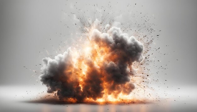 Foto een dramatische explosie met een mengeling van vuur en rook verlicht een grijze achtergrond