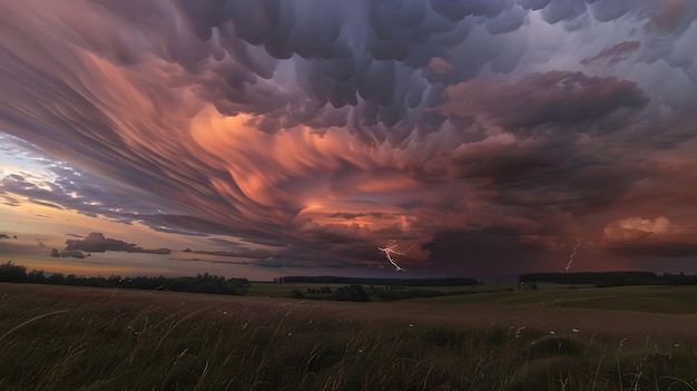 Een dramatische landschapsfoto van een stormachtige lucht over een landelijk veld