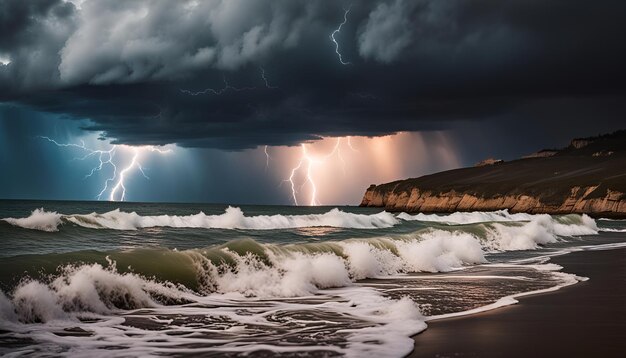 Foto een dramatische onweersbui over een kustlandschap