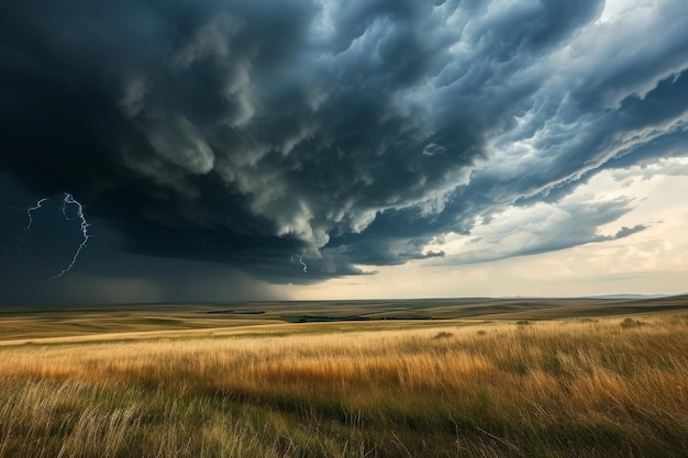 Een dramatische onweersbui over een prairie landschap AI gegenereerd