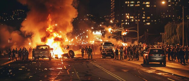 Een dramatische scène van een protest met brandende banden en een grote menigte