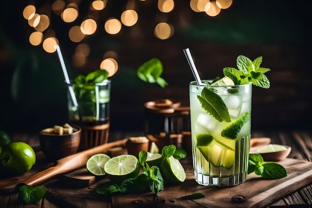 een drankje met limoenen en muntbladeren op een houten tafel