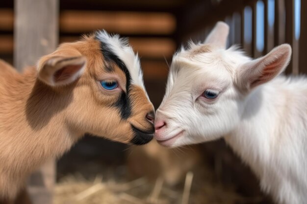 Een drietal kleine geitjes die elkaar speels een kopstoot geven, gemaakt met generatieve AI