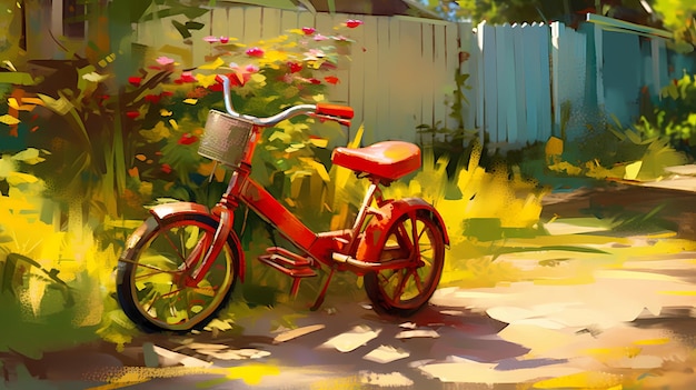 Een driewieler geparkeerd in een zonnige tuin