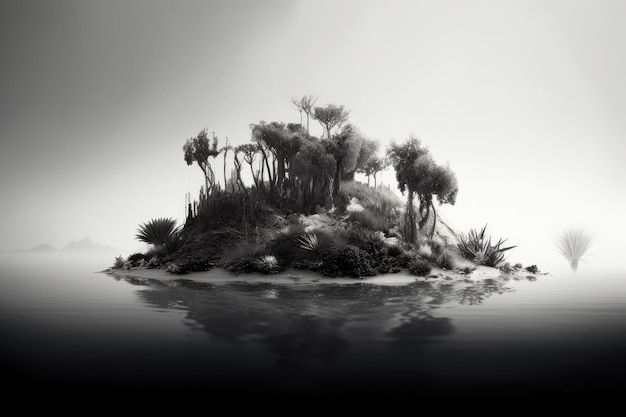 Een drijvend eiland van groen in een verlaten monochrome woestijn.