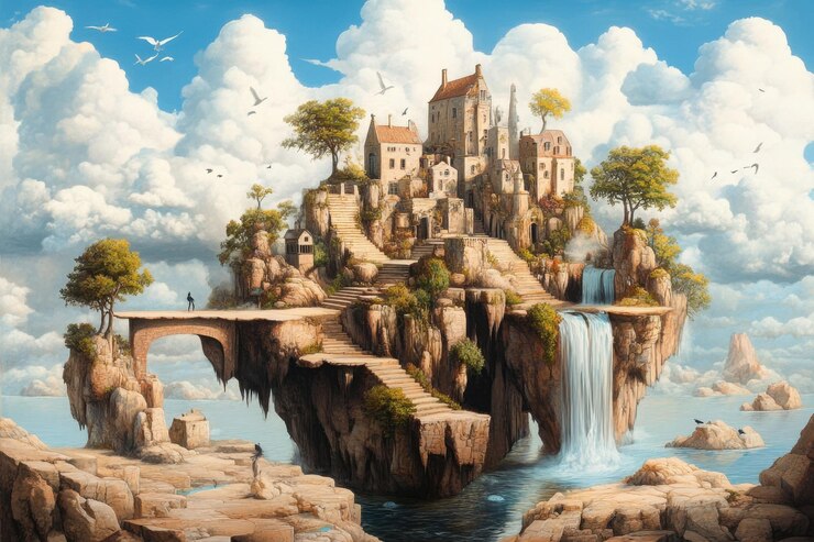 Een drijvend eilandkasteel met een waterval