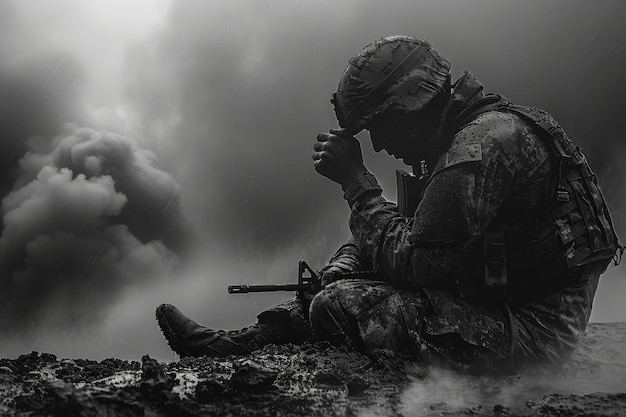 Een droevige soldaat Posttraumatic Stress Disorder Awareness Day
