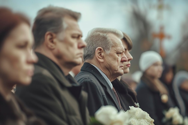 Een droevige stad met witte rozen die huilt op een begrafenis.