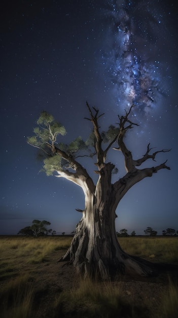 Een droge boom met gloeiende lucht in generatieve AI van de landschapsfoto van Australië