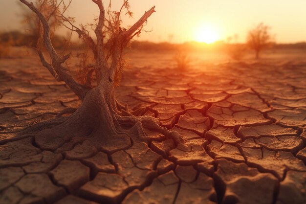 Een droge, gebarsten, gebarsten, gebarsten, gebarsten, gebarsten en gebarsten aarde met een zonsondergang op de achtergrond.