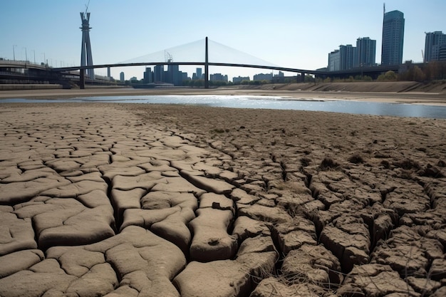 Een droge rivierbedding met een brug op de achtergrond