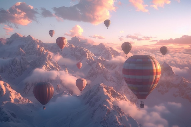 Een dromerig luchtballonfestival boven een berg.
