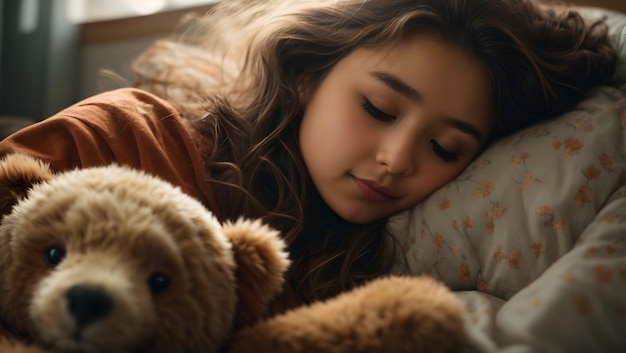 Een dromerig portret van een meisje dat heerlijk slaapt, met haar teddybeer dichtgestopt