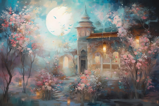 Een dromerig schilderij van een Ramadan-nacht digitale kunstillustratie