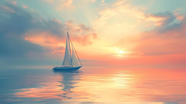 Een dromerige minimalistische achtergrond met een eenzame zeilboot op een rustige oceaan omringd door een zachte pastelkleurige zonsondergang het water reflecteert de warme tinten van de lucht Kunstwerk schilderij