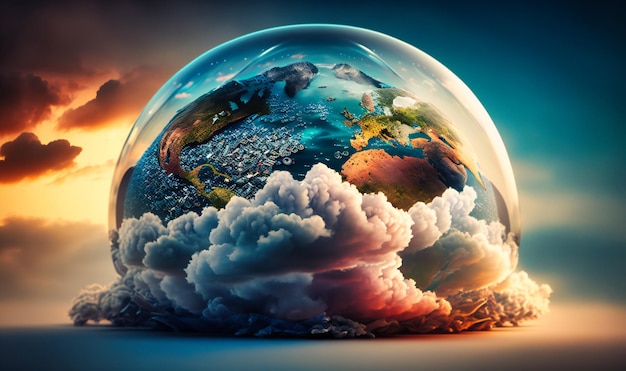 Een dromerige wereldbolmanipulatieachtergrond met wolken die de wereldkaart vormen