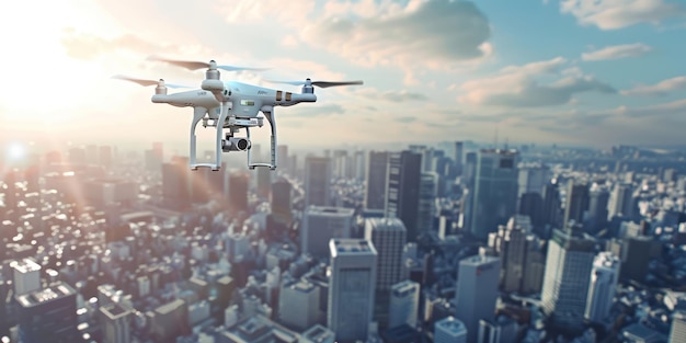 Een drone die boven een stadsbeeld vliegt en luchtbeeld opneemt