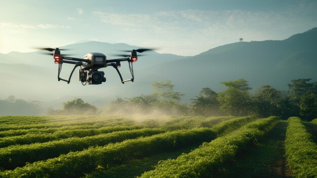 Een drone die over een gewasveld vliegt