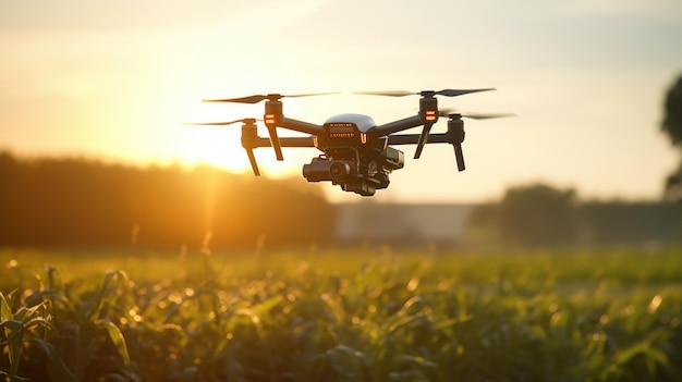 Een drone die over een groot gewasveld vliegt en uitgerust is met sensoren om de bodemomstandigheden te monitoren en